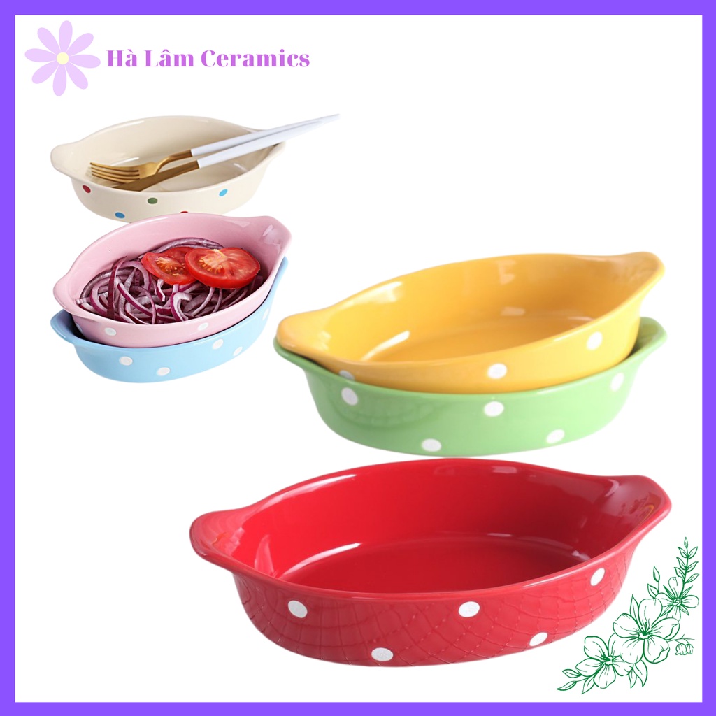 Đĩa thuyền chất liệu sứ cao cấp - hoạ tiết chấm bi - Halamceramics