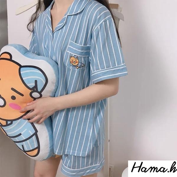 Bộ ngủ nữ Pijama lụa ngắn tay họa tiết kẻ sọc xanh ullazang mặc ở nhà mùa hè phong cách Hàn Quốc dễ thương cộc tay-BNN13