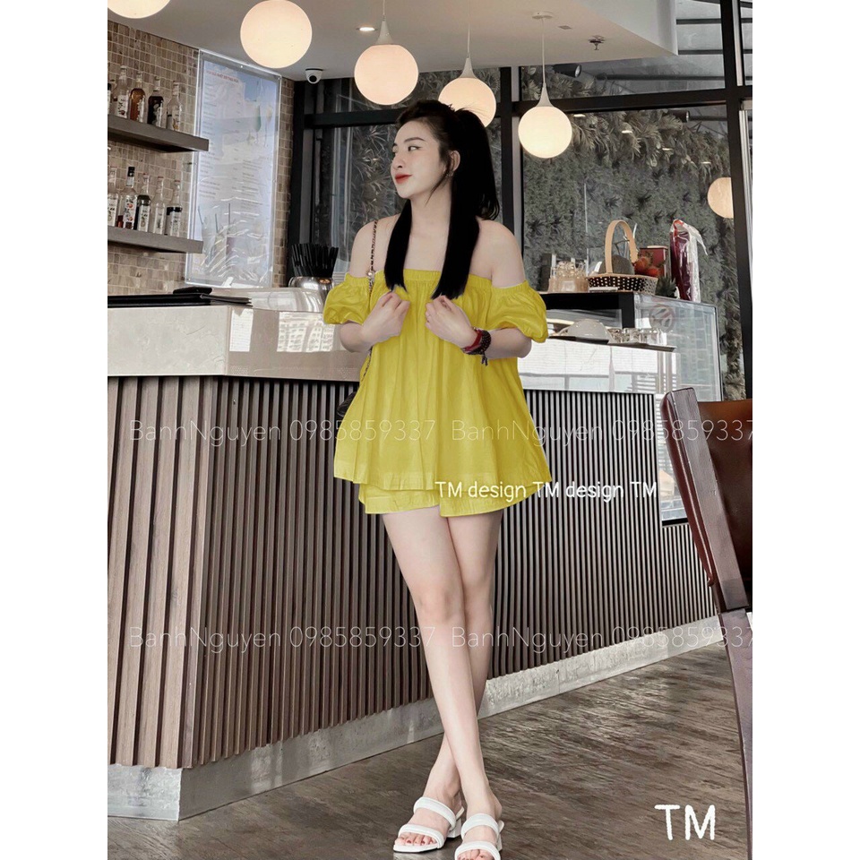 ( MIỄN PHÍ SHIP 2022) Set bộ áo trễ vai tay bồng kèm quần short đùi, bộ đùi bẹt vai trơn màu basic đi biển