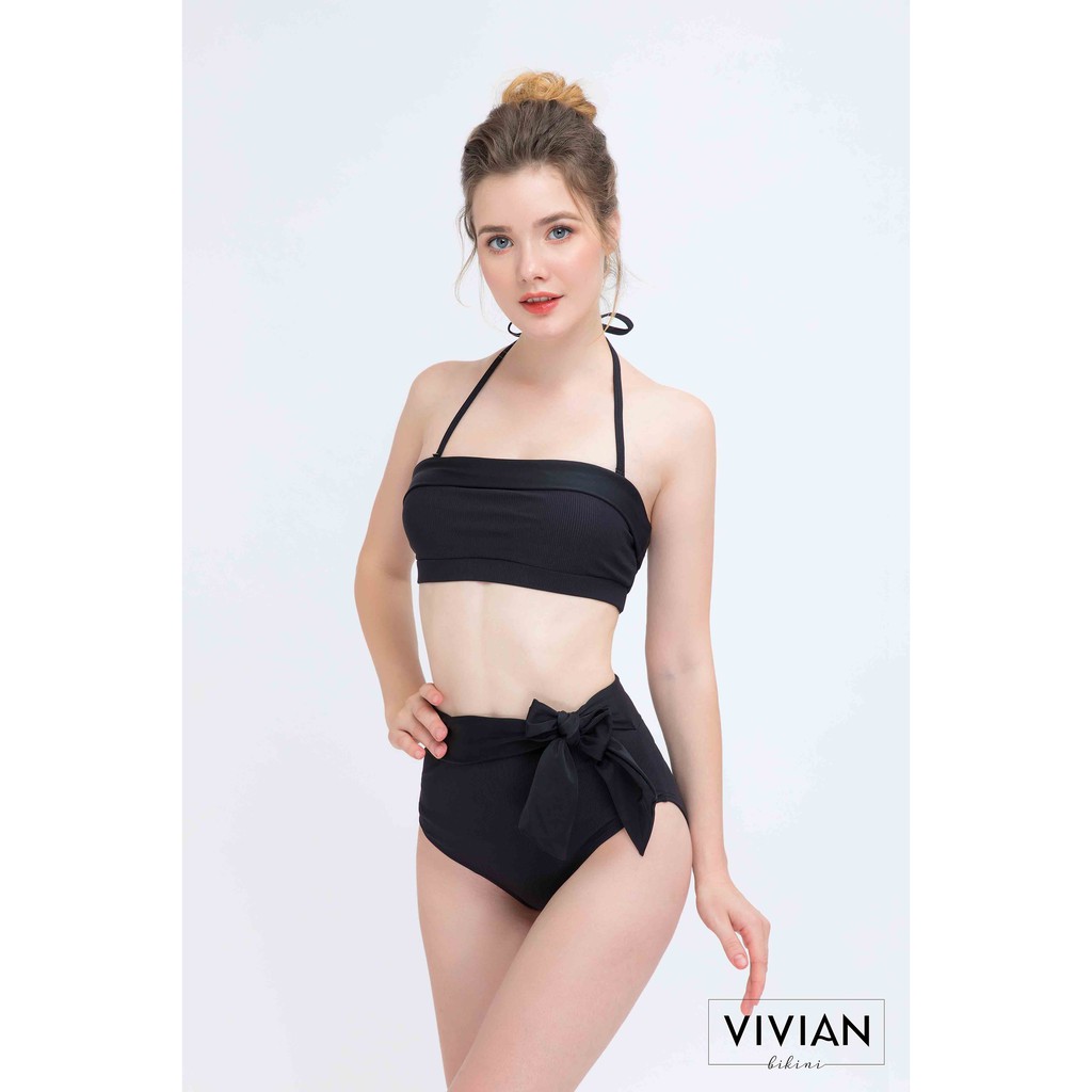 Đồ bơi Nữ VIVIAN kiểu Lưng cao quần nơ, áo ống- màu Đen - VS078_BL