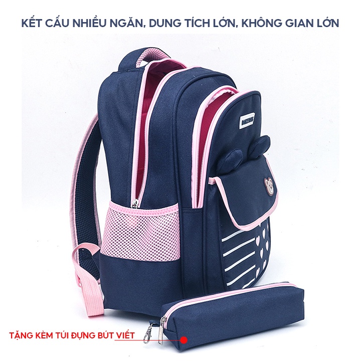Balo Đi Học Tai Gấu Mẫu Cặp Sách Chống Gù Tặng Kèm Túi Đựng Bút Viết Nhiều Ngăn Chứa SB-140