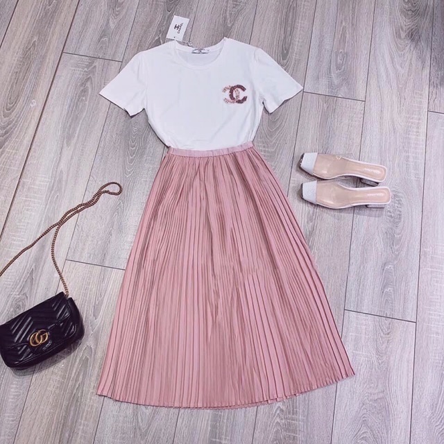 Chân váy dập li nhỏ LINH RUBI STORE cạp chun dáng xòe dài qua gối V016