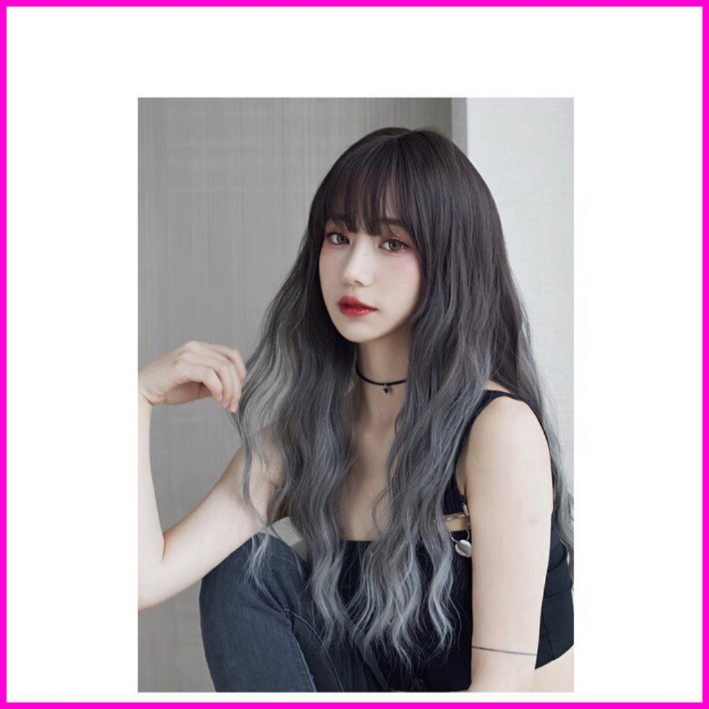 Tóc giả nữ cao cấp nguyên đầu xù omber khói xanh xu hướng 2021