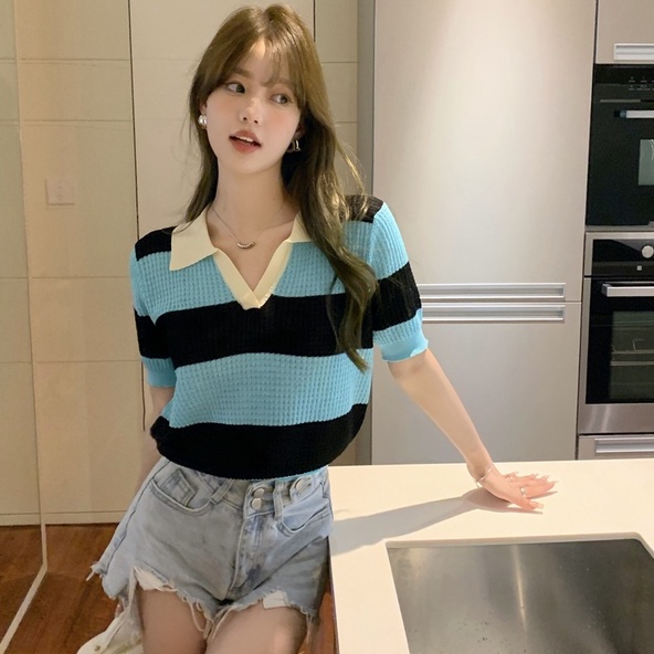 Áo thun polo ZHELIHANGFEI vải dệt kim tay ngắn kẻ sọc thời trang