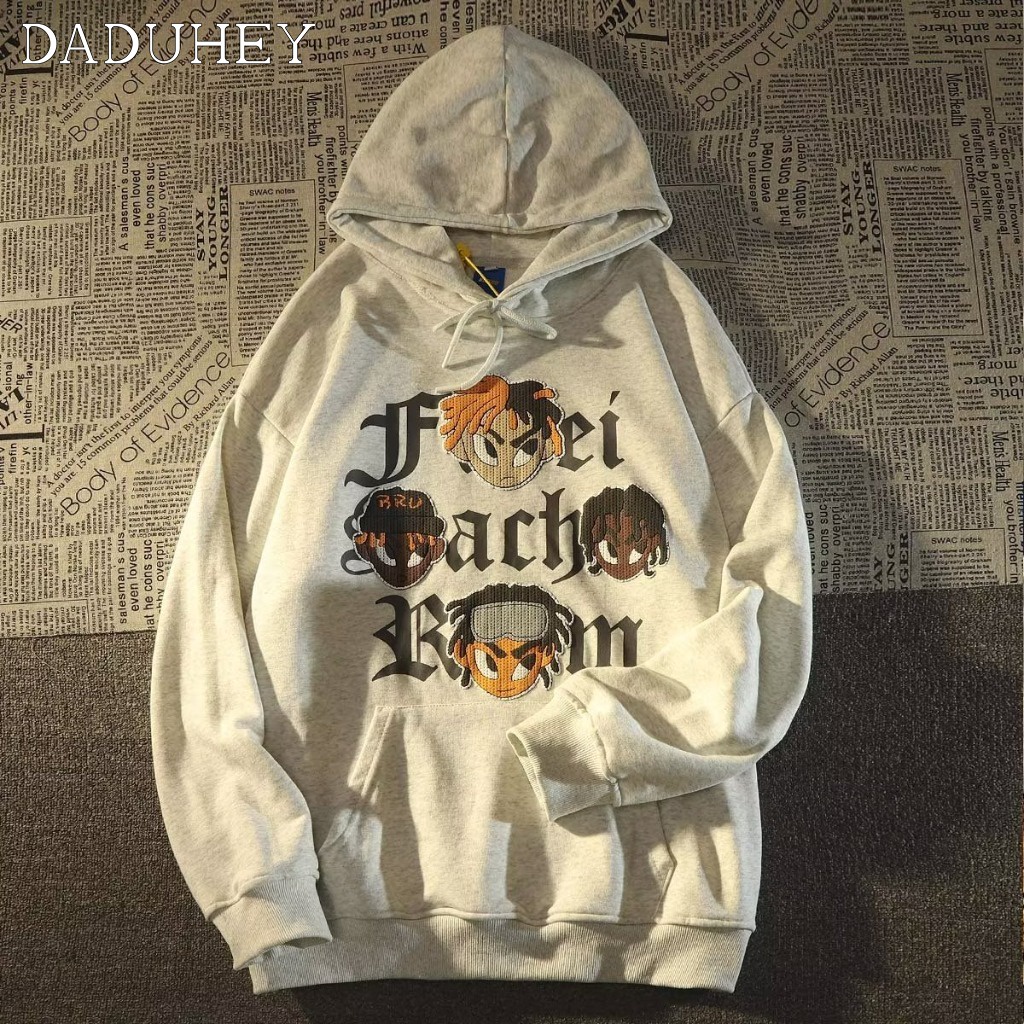 DaDuHey Men's American-Style Leisure Washed-out Vintage Distressed Printed Crew Neck Casual Hooded Sweater