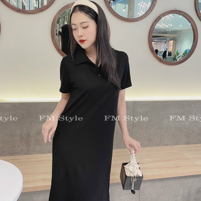 Đầm polo nữ FMSTYLE cổ bẻ dáng suông dài basic chất thun tăm tay ngắn thoải mái 211112518