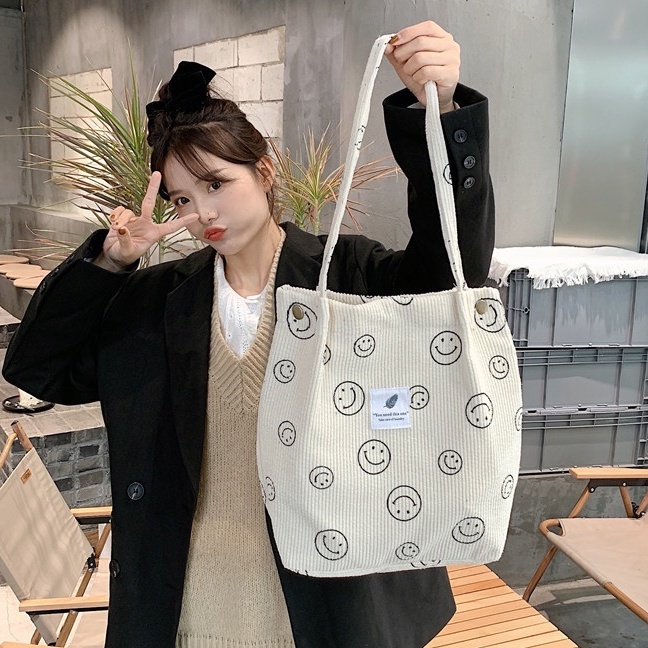 Túi Xách Canvas Đeo Vai Họa Tiết Mặt Cười Phong Cách Retro