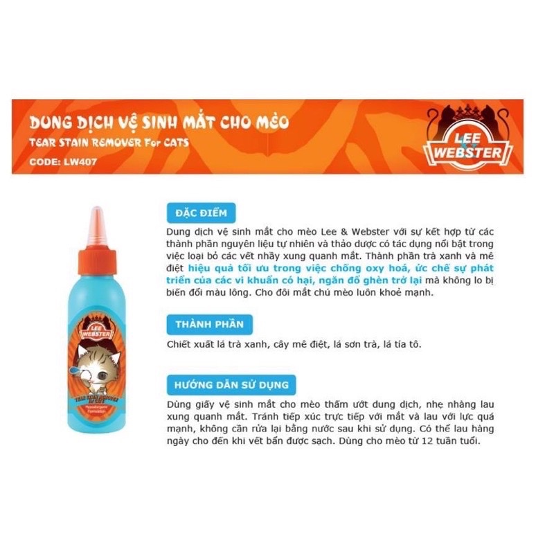 [ 130ml ] Dung dịch vệ sinh Tai và Mắt cho mèo Lee Webster