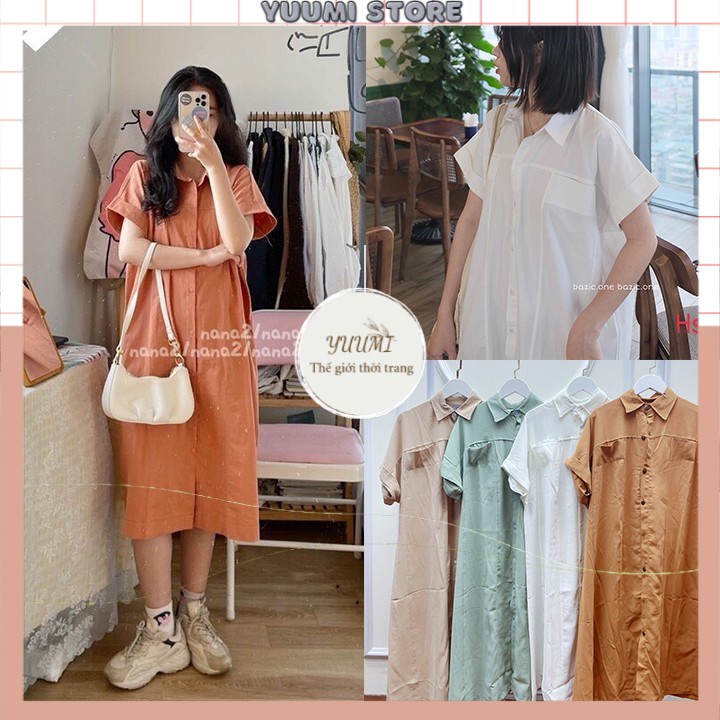 Đầm Suông Cổ Sơ Mi 2 Túi Ngực Chất Liệu Đũi Mềm Có Đại Thắt Eo Cực Xinh Yuumi Store