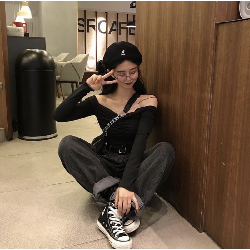Áo Croptop Tay Dài Trễ Vai Nhiều Màu Sắc Nữ Tính Phong Cách Ulzzang Hot Trend 2022