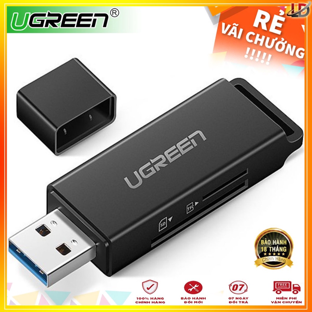 Ugreen 40752 - Đầu đọc thẻ nhớ SD/TF chuẩn USB 3.0 màu đen chính hãng - Phukienleduy