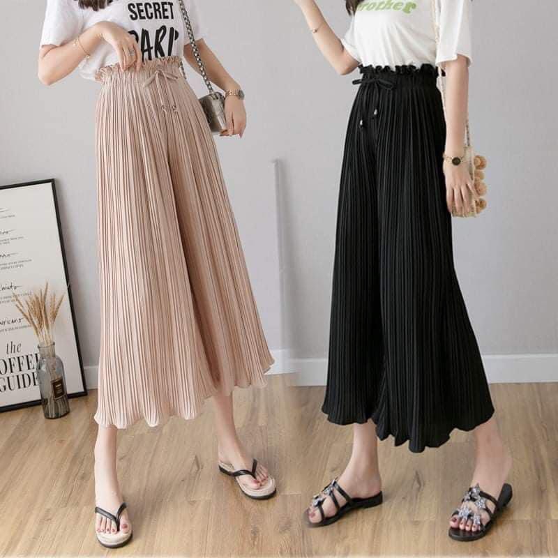 Quần ống rộng thời trang nữ chất liệu chiffon xếp li co giãn Màu đen be hồng phong cách hàn quốc, TONGKHOQUANAONU