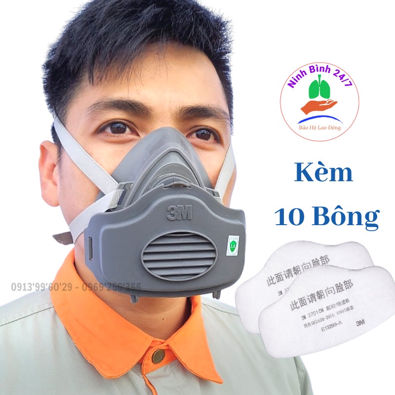 Khẩu trang chống bụi mịn 3M 3200 kèm 3 bông lọc 3701CN, chống độc phun sơn Pu, khử mùi hiệu quả, ngăn bụi mịn xưởng nhà