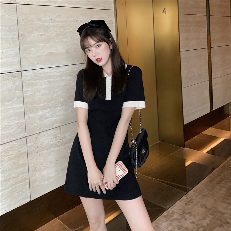 【ZHELIHANGFEI】Đầm Thun Đen Dệt Kim Cổ Bẻ Chiết Eo Thiết Kế Cỡ Nhỏ Thời Trang Trẻ Trung