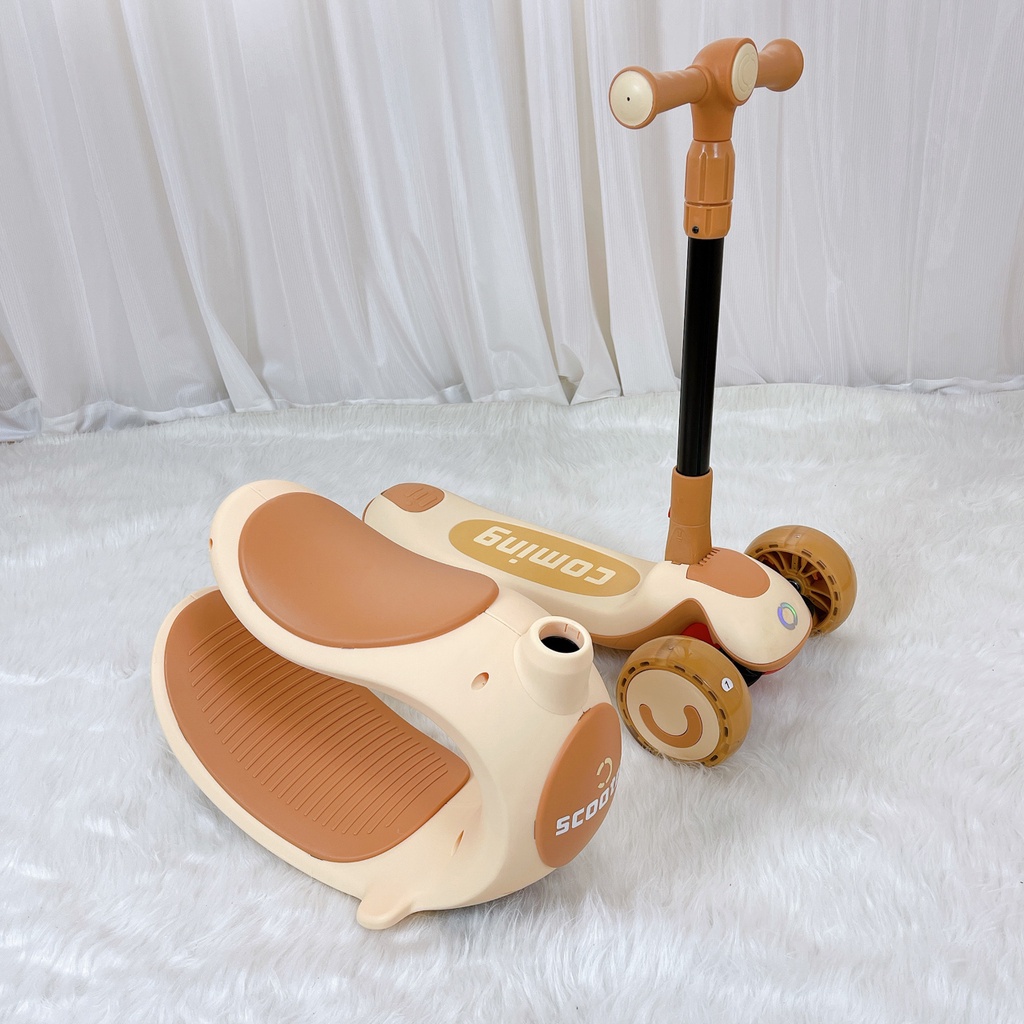 Xe scooter 3 bánh  𝑭𝒓𝒆𝒆𝒔𝒉𝒊𝒑  Xe Scooter, Xe Chòi Chân Cho Bé 3 In 1 Có Đèn, Bánh Xe To Êm Kèm Ghế 808 Màu Nâu