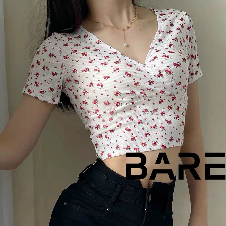 Áo croptop nữ tay ngắn , áo croptop hoa nhí mùa hè thiết kế đắp chéo trẻ trung | BigBuy360 - bigbuy360.vn