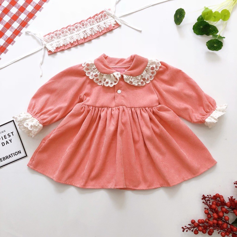 🎀 VÁY HỒNG PHỐI REN KÈM TURBAN CHO BÉ (4-30kg)