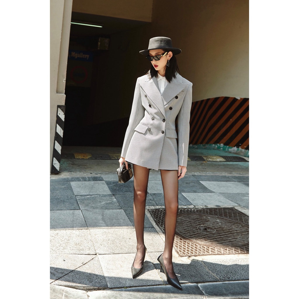Áo blazer tuxedo houndstooth HUONG BOUTIQUE HBVEST146 dáng dài, họa tiết nanh sói