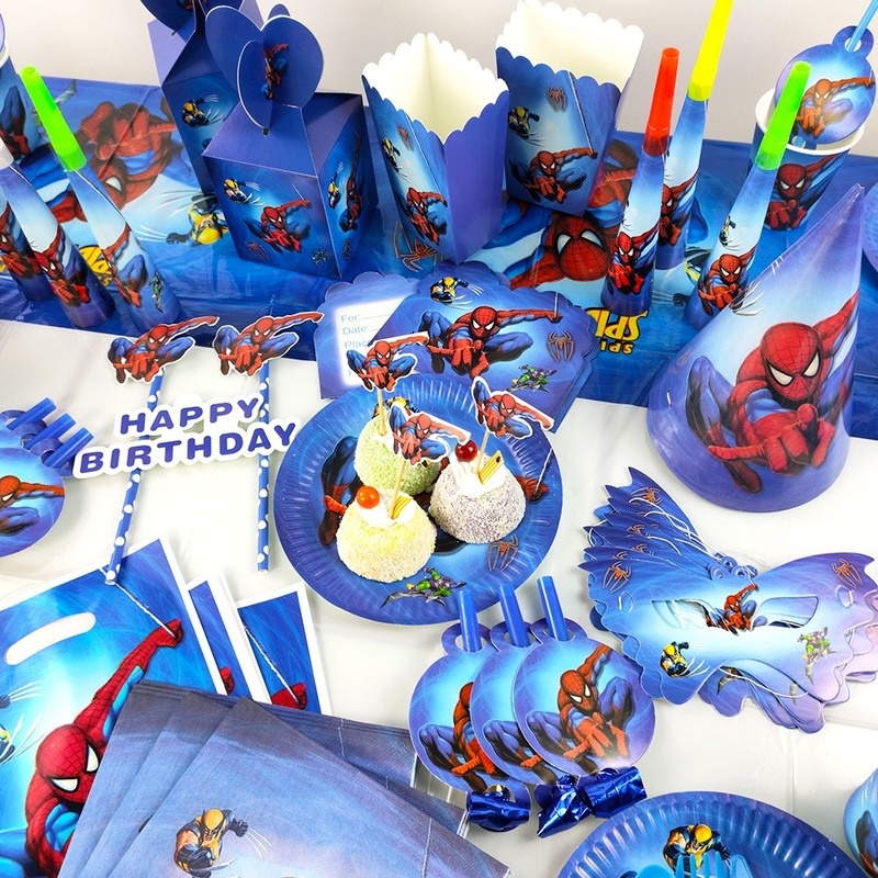 Bộ 24 Món Chén Đĩa / Cốc Giấy Dùng Một Lần In Hình Spiderman Hoạt Hình Trang Trí Tiệc Sinh Nhật Cho Bé