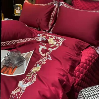 Bộ chăn ga gối lụa cưới đỏ trần bông