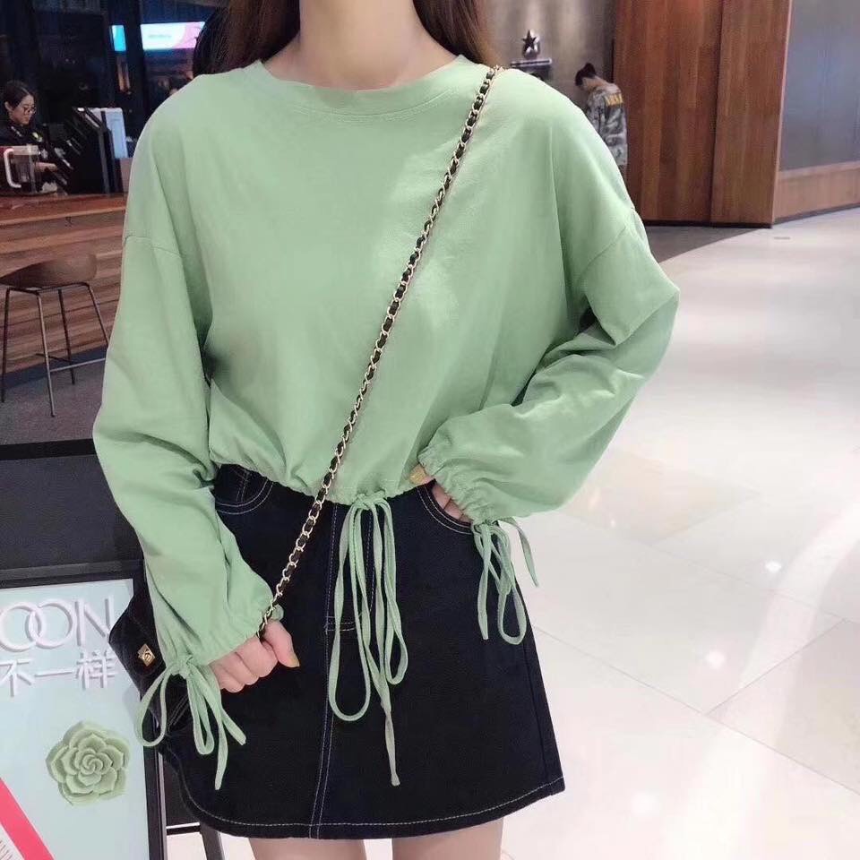 ÁO THUN CROPTOP RÚT DÂY TRƠN FORM RỘNG TAY DÀI ULZZANG - ÁO NHÓM CROP BASIC 5