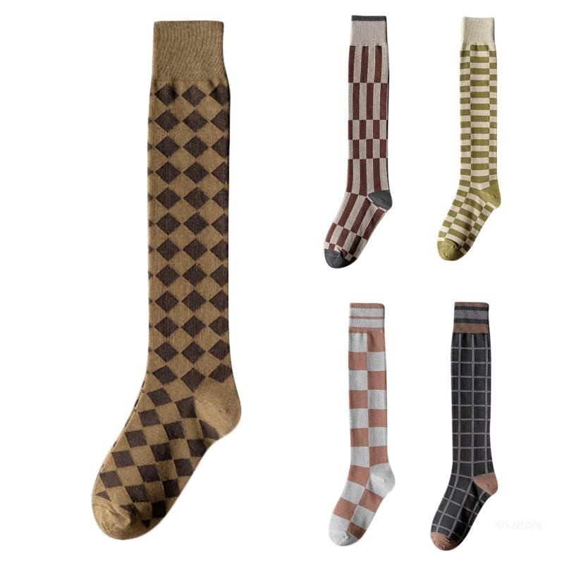 XIXI Vớ cotton cổ cao in họa tiết kim cương màu sắc tương phản thời trang mùa thu cho nữ