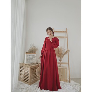Set đầm đỏ dài+ cột tóc nơ