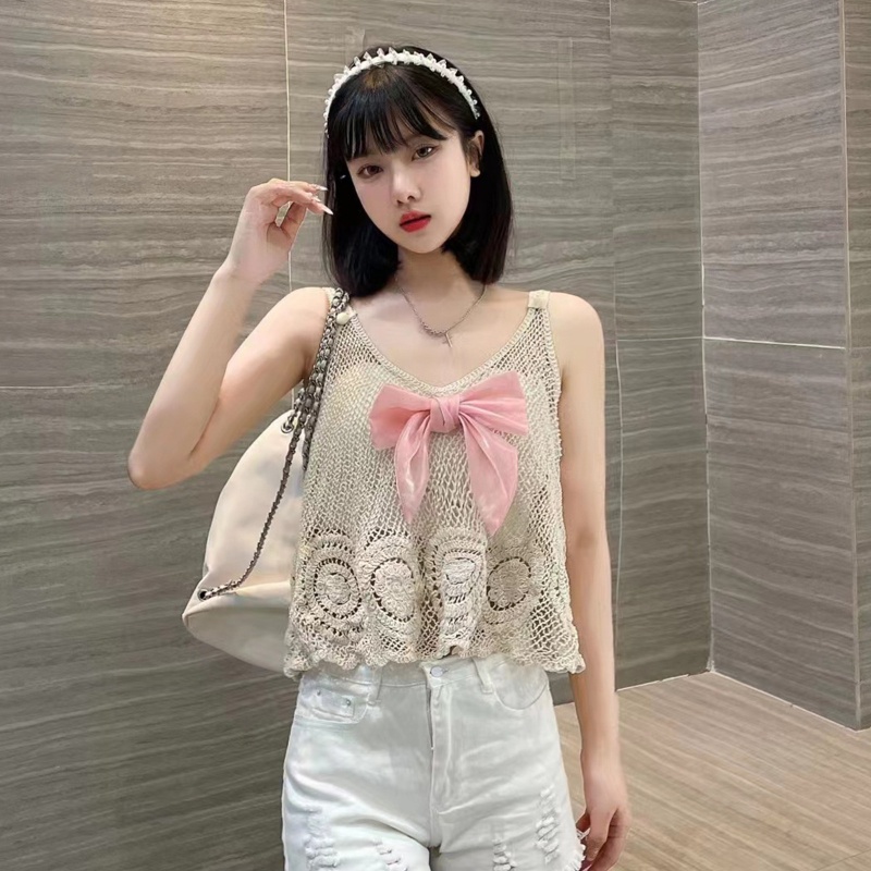 Áo Croptop Dệt Kim Hai Dây Thắt Nơ Dáng Rộng Dễ Thương Cho Bạn Gái