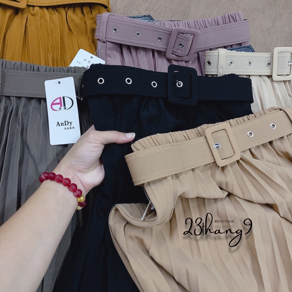 Chân váy xếp ly dài - chân váy midi dài lưng cao kèm đai vải QUẢNG CHÂU cao cấp màu đen be nâu công sở đi chơi