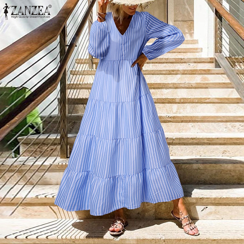 Đầm Zanzea dáng dài tay dài cổ chữ V họa tiết kẻ sọc in ấn độc đáo thời trang cho nữ