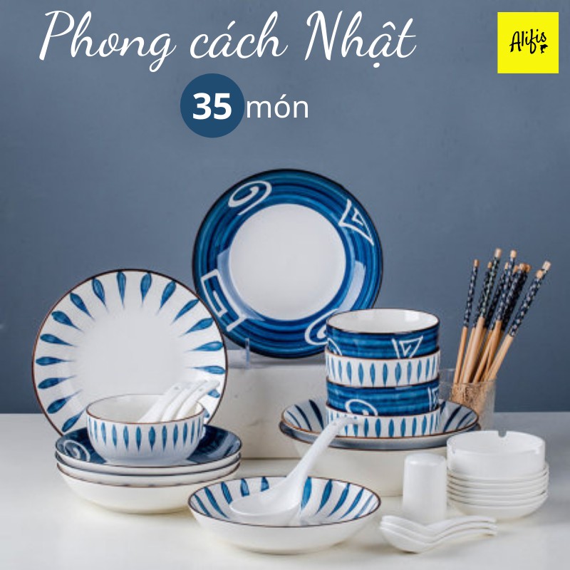 Bộ bát đĩa, bộ chén đĩa sứ viền nâu 35 món cho 4 -6 người phong cách Nhật Bản – phụ kiện bàn ăn và quà tặng tân gia