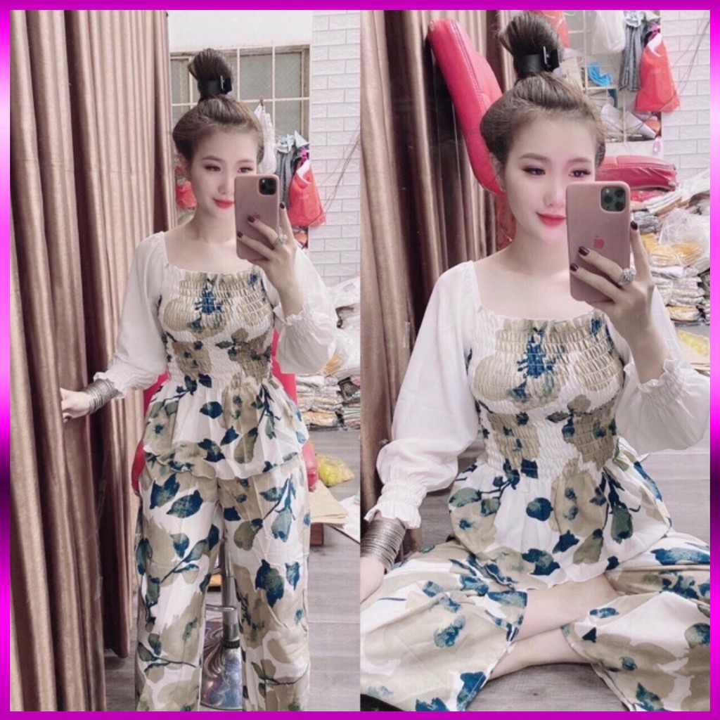 Set Bộ Dài Bông Lụa Bo Nhún Tay Dài Bo Chun Quần Ống Rộng