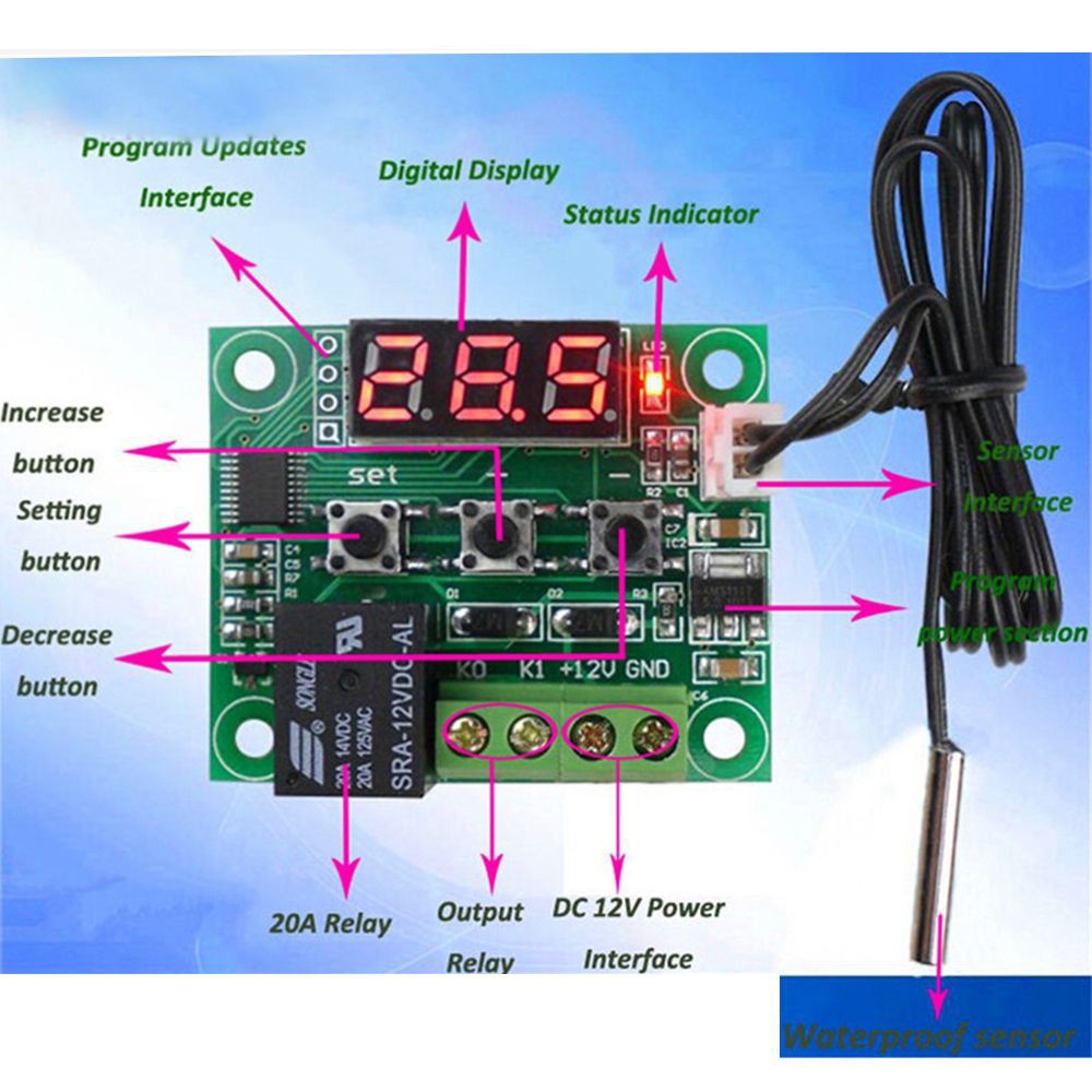 Bộ nguồn điều khiển nhiệt độ kĩ thuật số có màn hình hiển thị 12V và thiết bị cảm biến chống nước