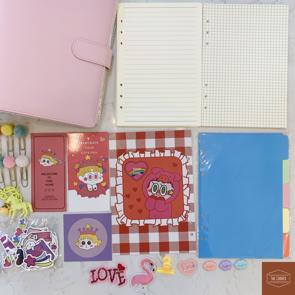 BỘ SẢN PHẨM SỔ CÒNG PLANNER 6 LỖ SIZE A5 (Giấy - Phân trang - Sticker - Bút - Kẹp - Móc)