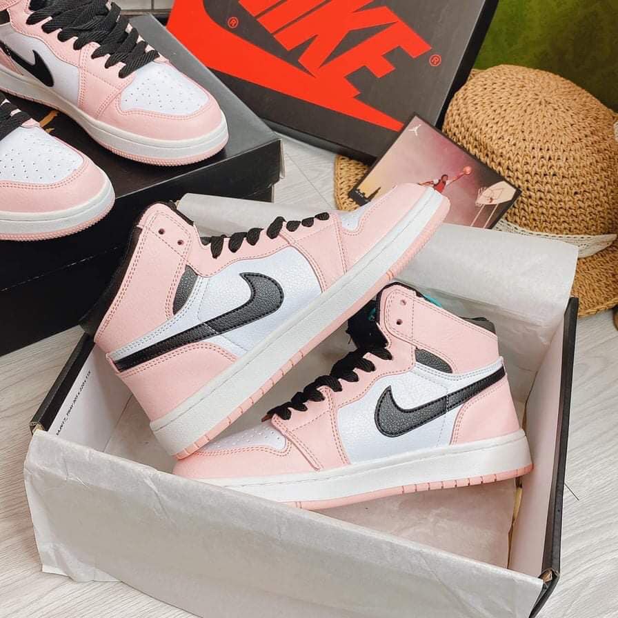 Giày Jordan Hồng cao cổ nữ, Giày Jordan 1 cổ cao màu hồng vạch đen bản đẹp dễ phối đồ, Sneaker cổ cao nữ