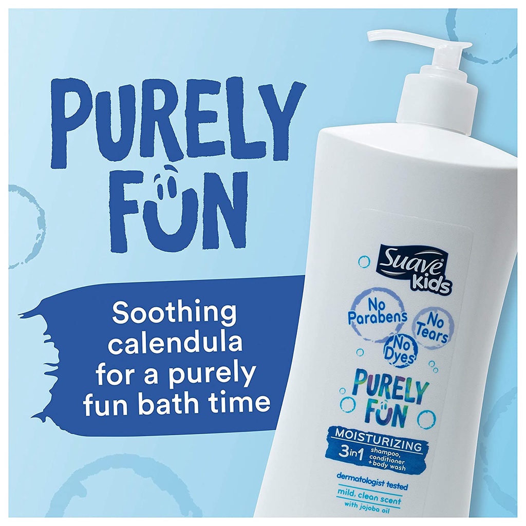 Sữa tắm, dầu gội &amp; xả 3 trong 1 cho trẻ em Suave Kids 3 in 1 Shampoo Conditioner Body Wash Purely Fun 828ml (Mỹ)