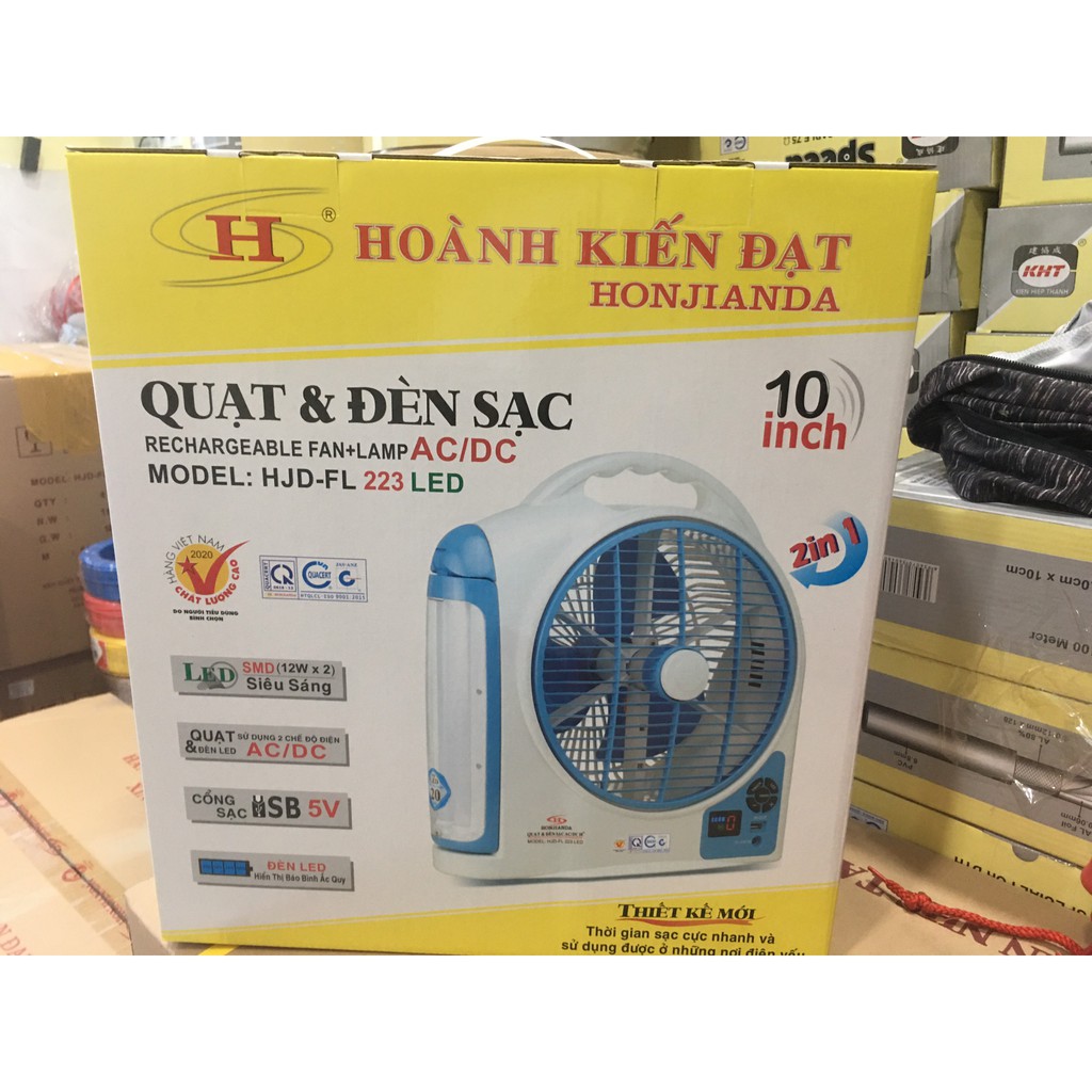 QUẠT HỘP TÍCH ĐIỆN AC/DC HJD - 223 KÈM ĐÈN LED VÀ USB