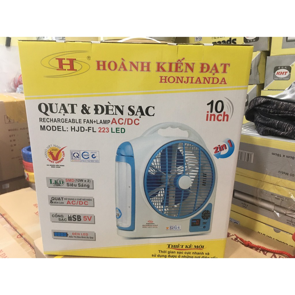 QUẠT HỘP TÍCH ĐIỆN AC/DC HJD - 223 KÈM ĐÈN LED VÀ USB - 2 BÌNH