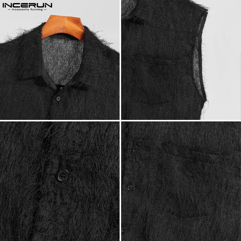 Áo sơ mi INCERUN sát nách màu trơn phối tua rua cài nút thời trang cho nam