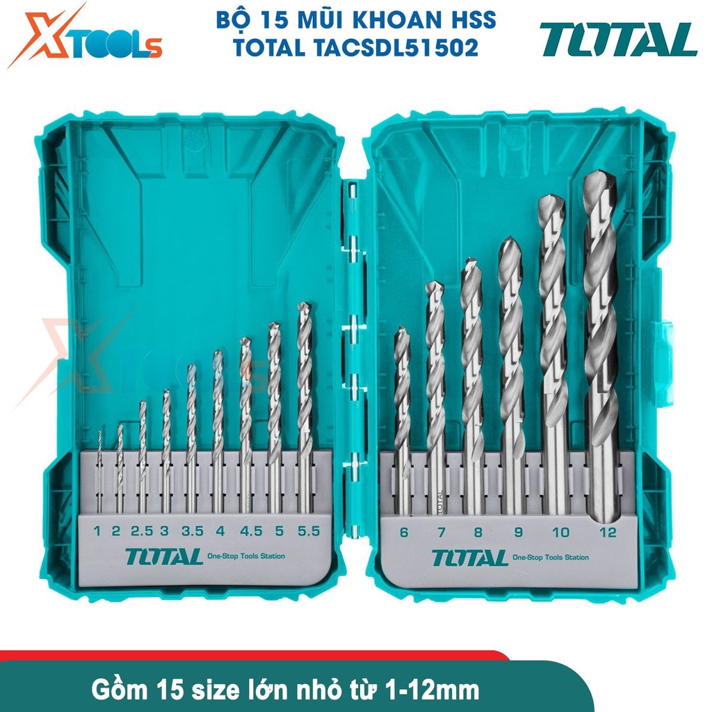 Bộ 15 mũi khoan đa năng TOTAL TACSDL51502 chất liệu HSS cứng cáp đa kích thước từ 1-12mm dùng khoan gỗ-CHÍNH HÃNG-XTOOLS