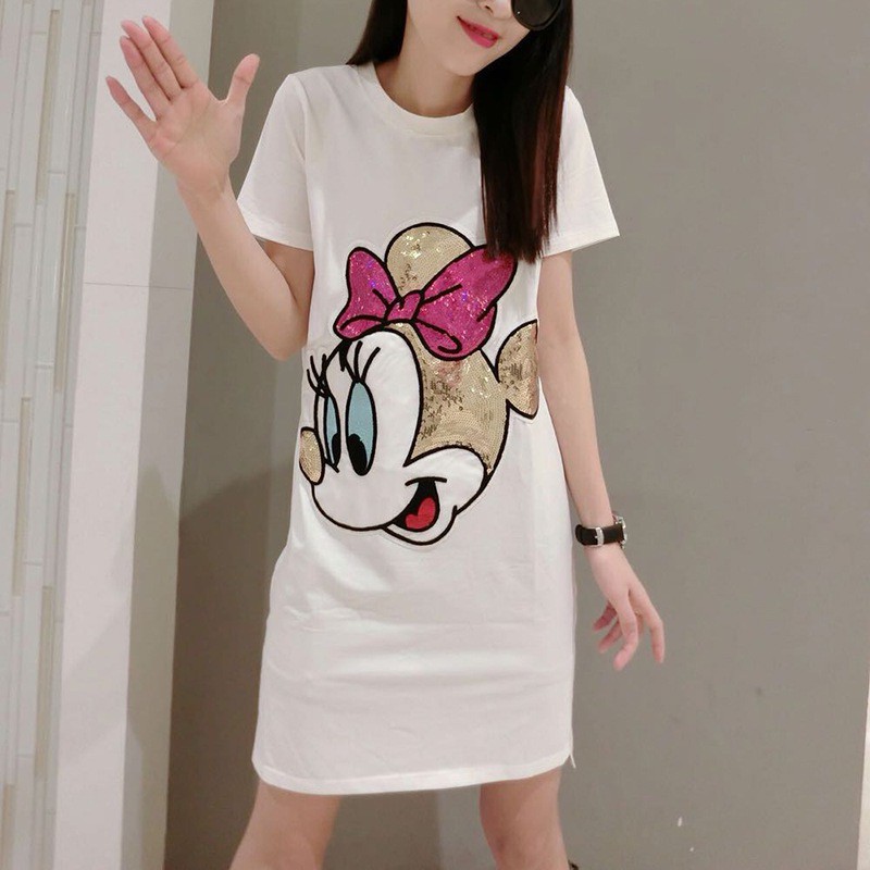 Đầm thun ngắn tay đính kim tuyến hình hoạt hình dễ thương cho nữ