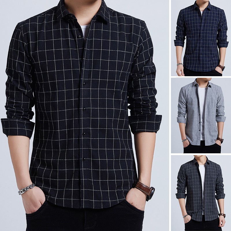 Áo Sơ Mi Cotton Tay Dài Dáng Ôm Sọc Ca Rô Thời Trang Công Sở Cho Nam#Áo Sơ Mi Nam Có Sẵn