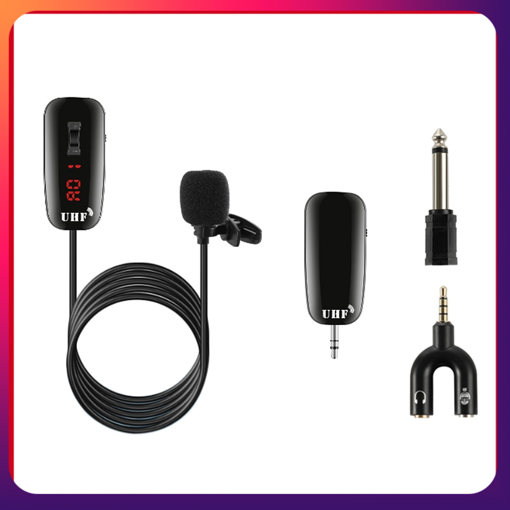 UHF Lavalier Lapel Wireless Microphone Recording Live Streaming Microphone Transmitter Receiver 50m Working Range Compatible with Camcorder Smartphone Laptop PC