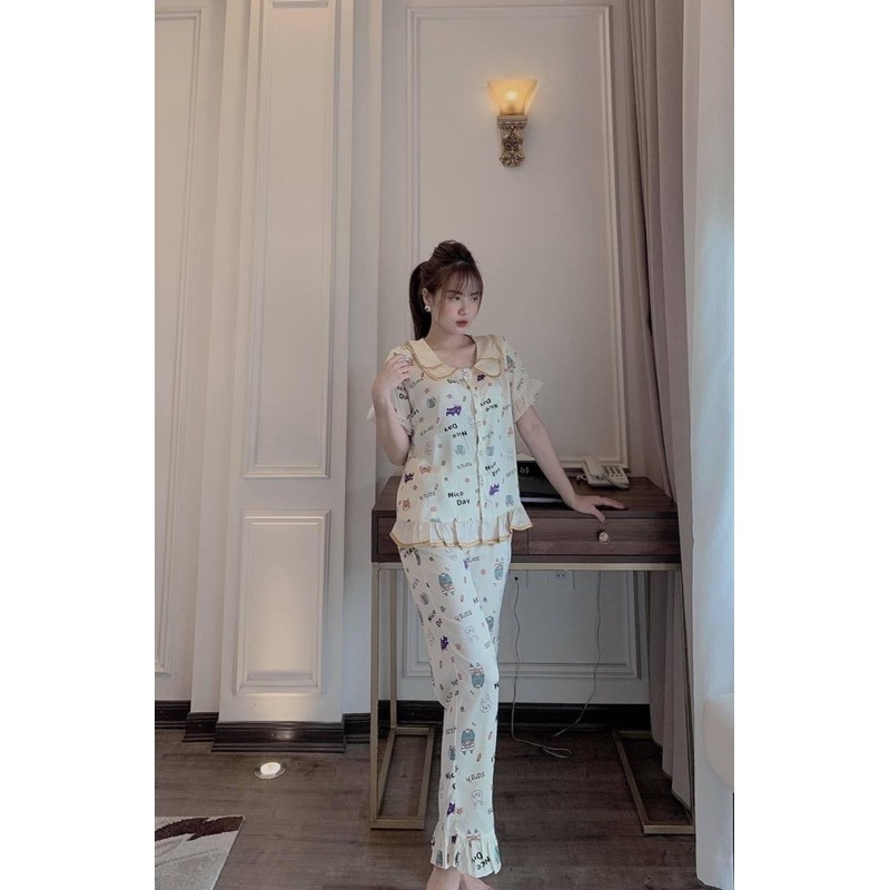 Đồ Bộ Pizama Satin Lụa Chim Hạc Tay Ngắn Quần Dài | BigBuy360 - bigbuy360.vn