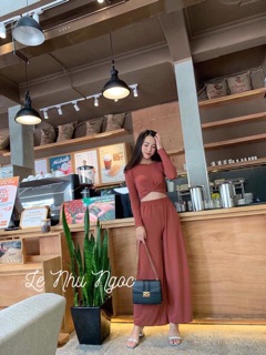 Set len Áo xoắn eo Quần suông (4 màu)