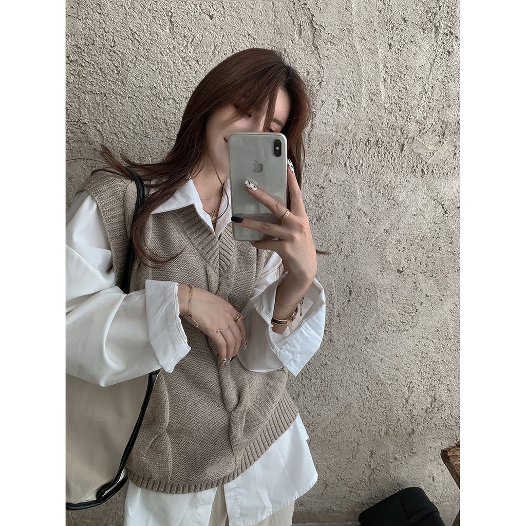 Áo sơ mi trắng dài tay / Áo khoác len không tay thời trang cho nữ | BigBuy360 - bigbuy360.vn