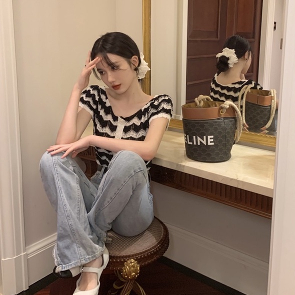 Áo cardigan croptop ZHELIHANGFEI dệt kim tay ngắn họa tiết kẻ sọc thời trang dành cho nữ