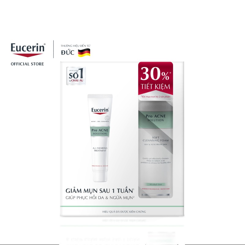 [Ưu Đãi 30%] Bộ sản phẩm giảm mụn Eucerin Pro Acne: Gel A.I. Treatment 40ml &amp; Bọt Rửa Mặt 150g