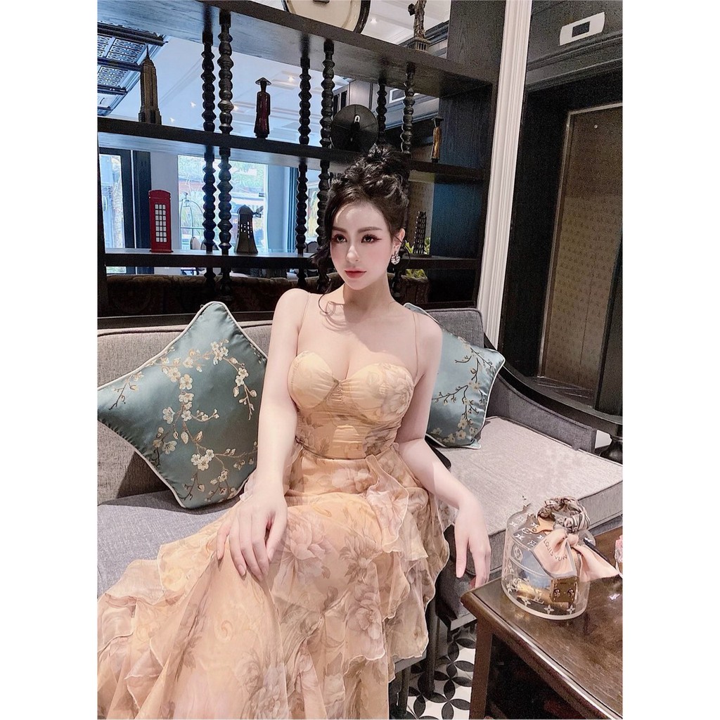 [CH13] Đầm Voan Hoa 2 Dây Đuôi Bèo Xòe Chíp Eo Nơ Lưng - Vải Voan - 2 Màu Xanh, Nude - Dành Cho Nàng Đi Chơi, Dự Tiệc