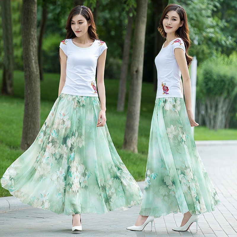 Chân Váy Voan Dài In Hoa Dáng Chữ a Cỡ Lớn Phong Cách Dân Tộc Thiết Kế Mới Thanh Lịch Thời Trang Mùa Hè Cho Nữ